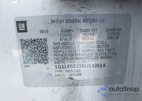 2019 Chevrolet Impala Ls z USA, uszkodzony, nr VIN 1G11X5S31KU143614